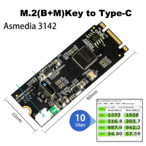 M.2 to Type-c Host Controller Card with Asm3142 USB 3.2 Gen2 10 Gbps 1 Ports USB C M.2 22x60 B Key M Key Data Transfer Riser