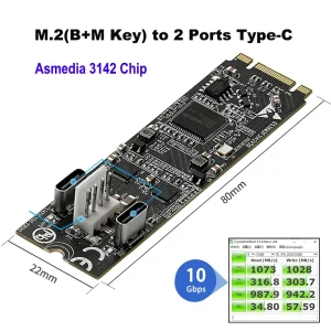 M.2 to 2 Ports Type-c Host Controller Card USB 3.2 Gen2 10 Gbps USB C M.2 22x60 B Key M Key Data Transfer Riser