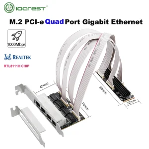 M.2 To 4-Port Gigabit Ethernet PCIe Network Card Realtek8111H Chip B+M Key 2280 Size For Gaming NAS and Industrial Control